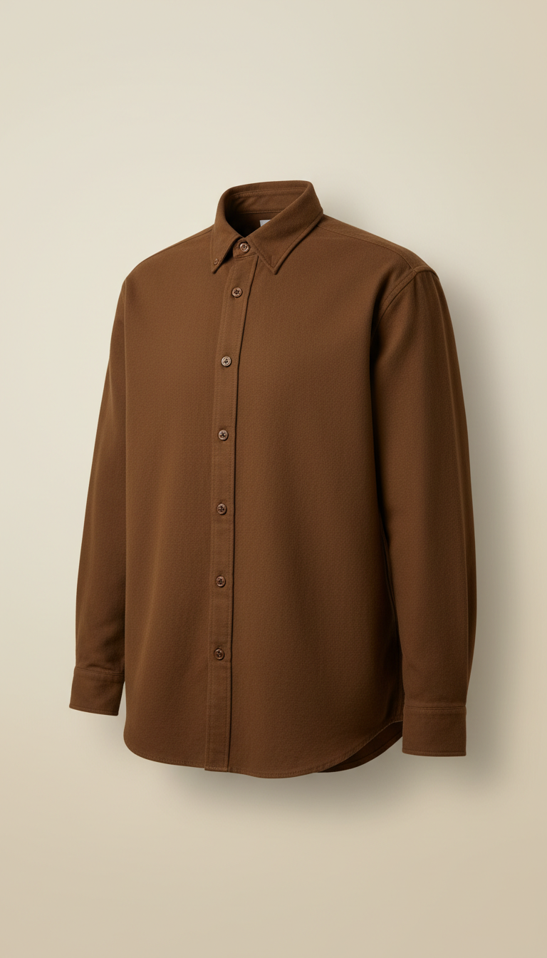 Espresso tone button-up shirt, Opt for a 3/4 angle to capture the texture and depth of heavyweight cotton garments....