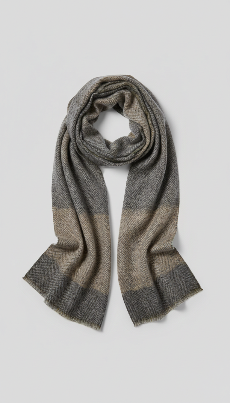 Elegant wool scarf from Motive's collection, centered on a light gray background. The scarf is draped elegantly to...