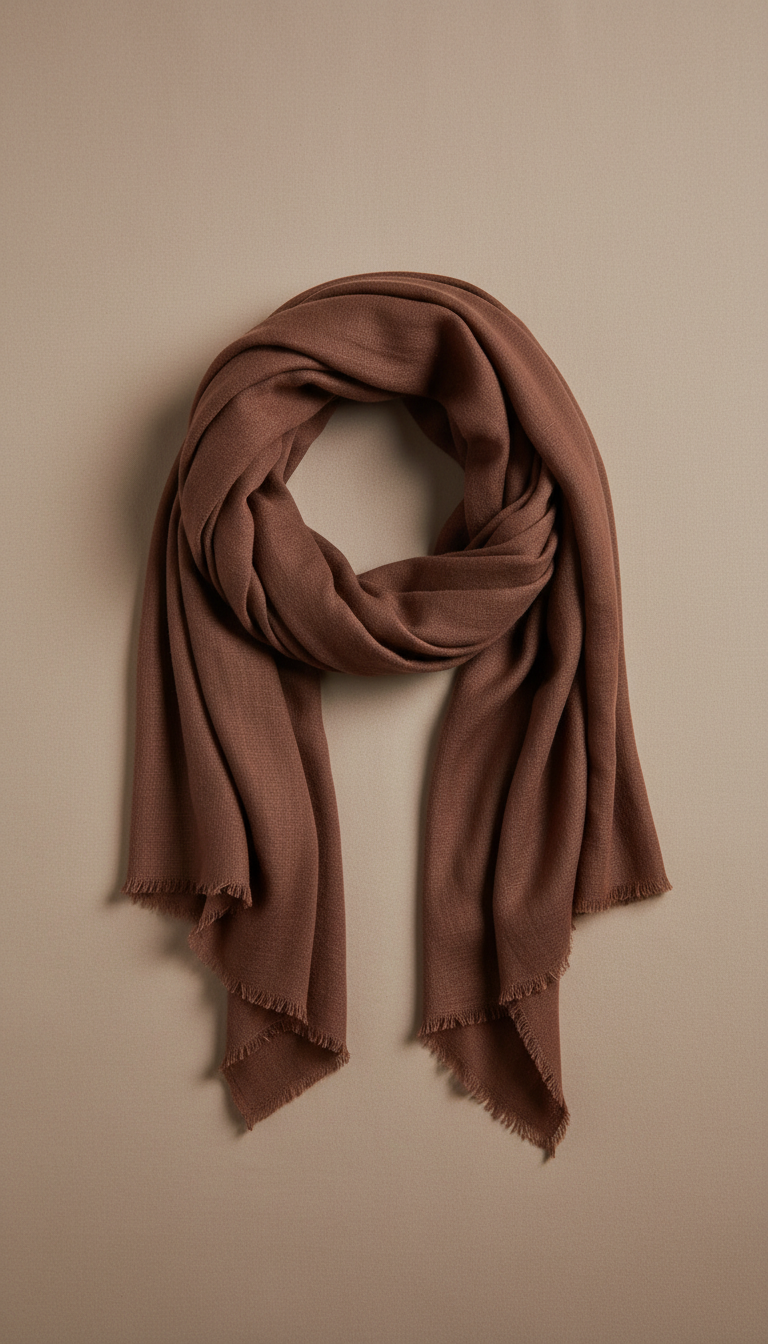 Photograph an elegant cotton scarf in a deep saddle brown, perfectly centered against a neutral, soft tan background. The...