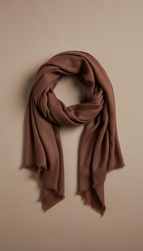 Photograph an elegant cotton scarf in a deep saddle brown, perfectly centered against a neutral, soft tan background. The...