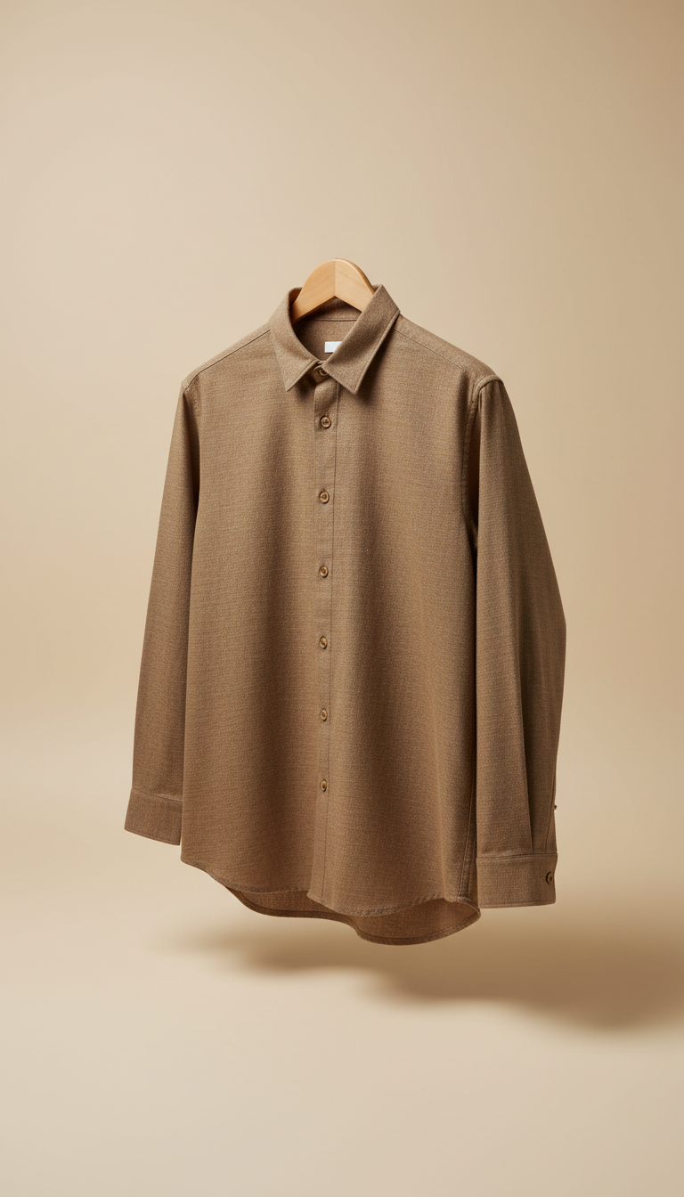 Earthy Brown button-up shirt, use a 3/4 angle to showcase the fit and craftsmanship of the shirts. The background should...