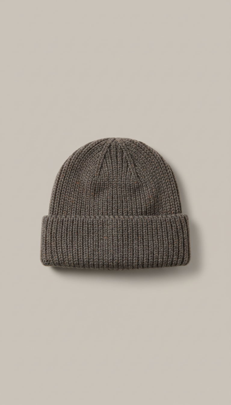 Slate Brown knit cap, Products are shot at a refined 3/4 angle on neutral taupe or ivory matte backgrounds for sculptural...