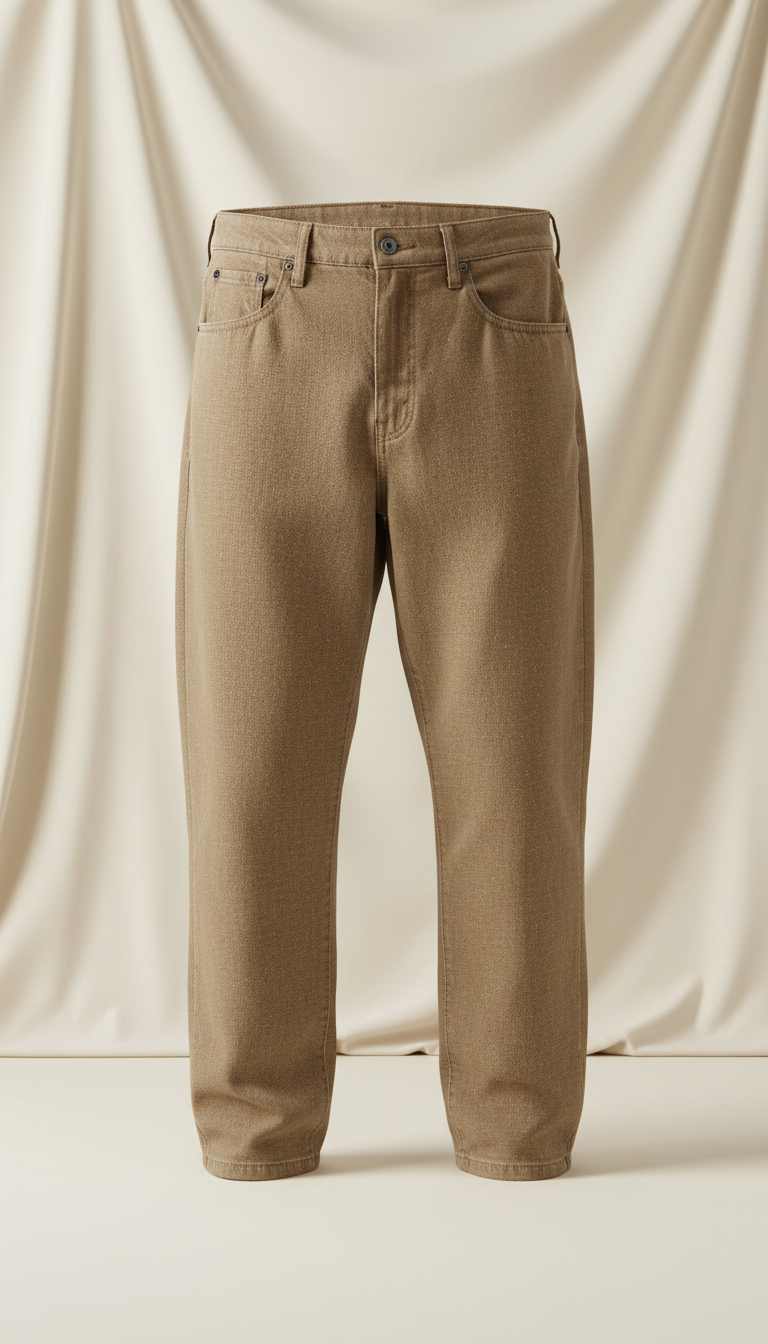 Eco-friendly denim jeans in earthy taupe, centered against a soft, neutral backdrop. The lighting is soft and even,...