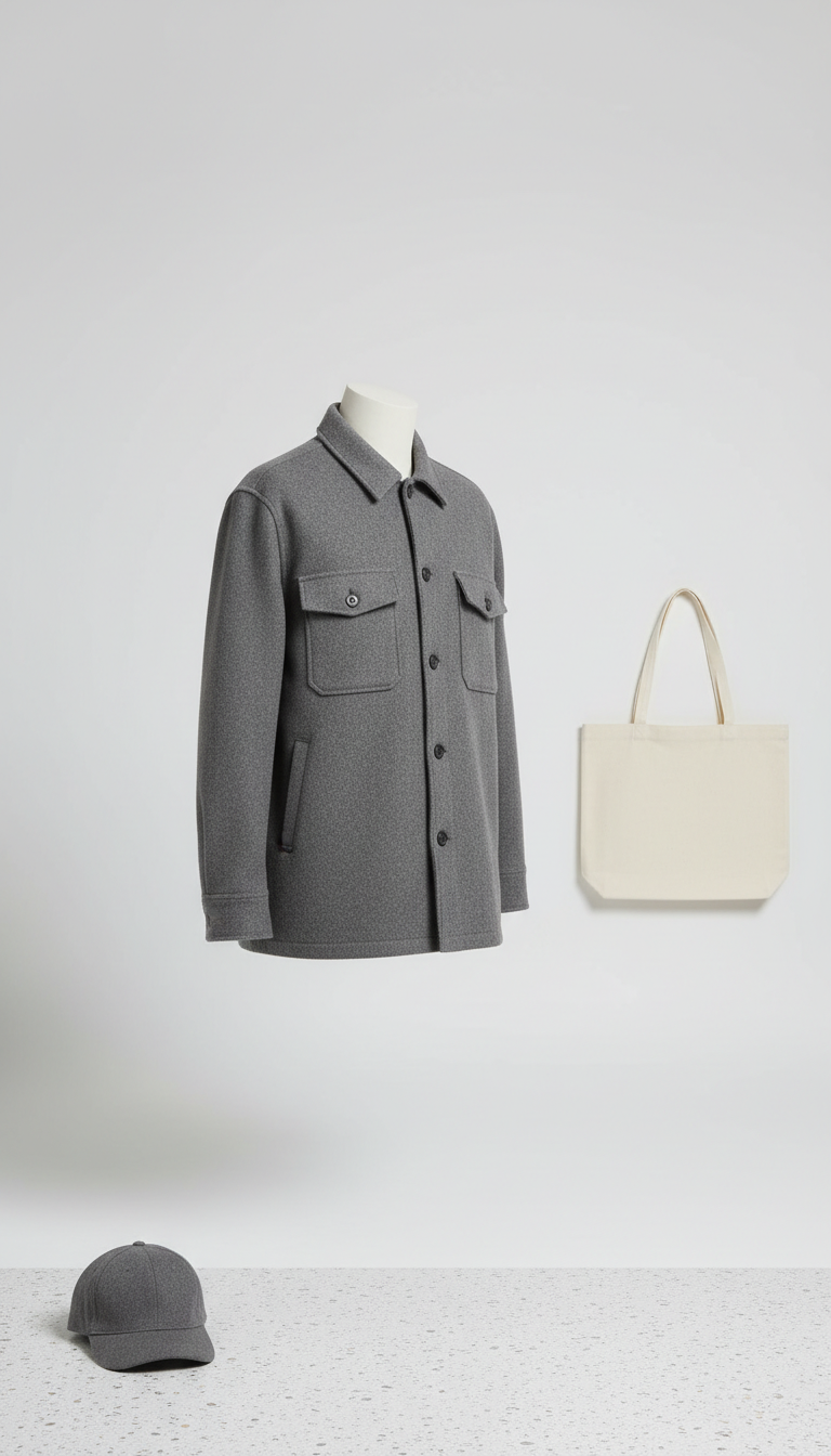 Minimalist wool blend overshirt, Three-quarter angle for apparel (standing mannequin or model), capturing garment...