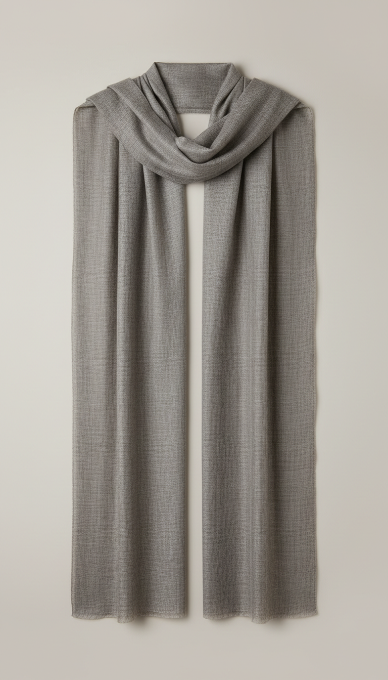 A perfectly centered front view of an Ash Stone shawl, showcasing its minimalist design and elegant texture. The shawl is...