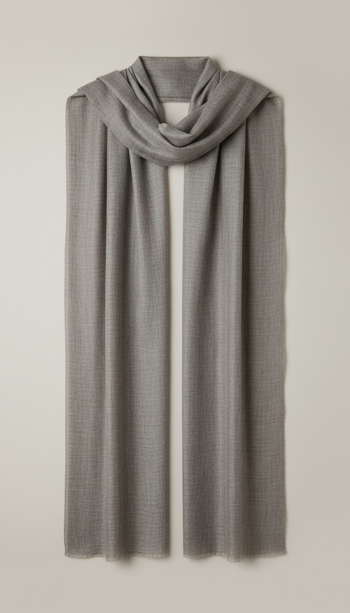 A perfectly centered front view of an Ash Stone shawl, showcasing its minimalist design and elegant texture. The shawl is...