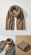 Camel textured scarf, Three-quarter product angles on neutral matte surfaces (White Smoke or Taupe backgrounds) that...