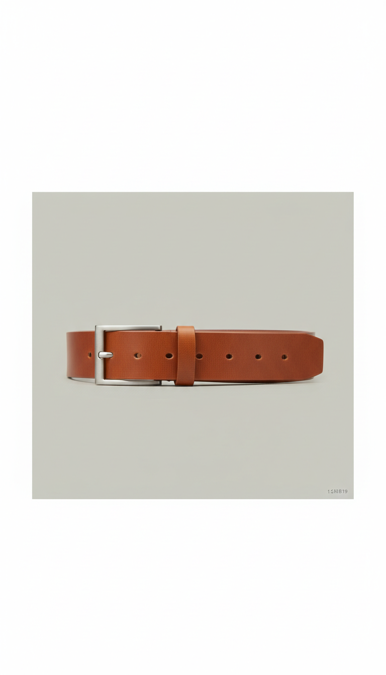 Cognac leather belt, Three-quarter angle hero shots on seamless greige or gallery white backgrounds to showcase form and...