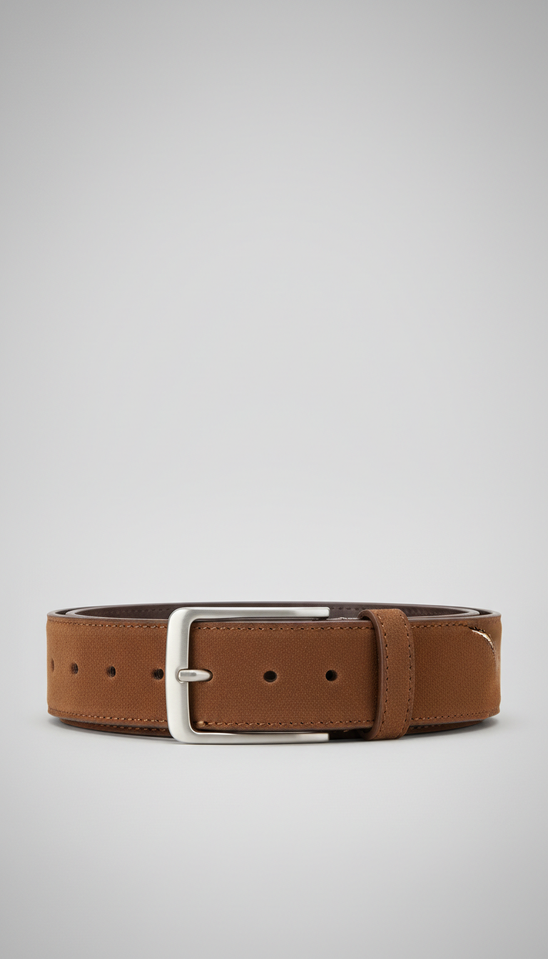 Tobacco Suede leather belt, Default angle is a straight-on hero shot at chest height for jackets/shirts or 3/4 for...