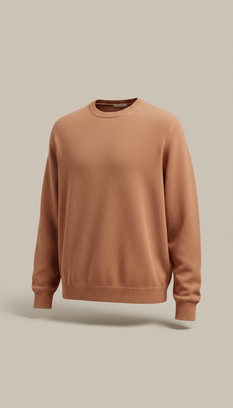 Premium cotton knit crewneck in toasted clay, Default to 3/4 angle for garments on form or model—showing both silhouette...