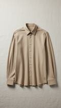 Photograph a Beige cotton blend shirt with tailored fit, centered perfectly on a neutral backdrop with subtle texture. The...
