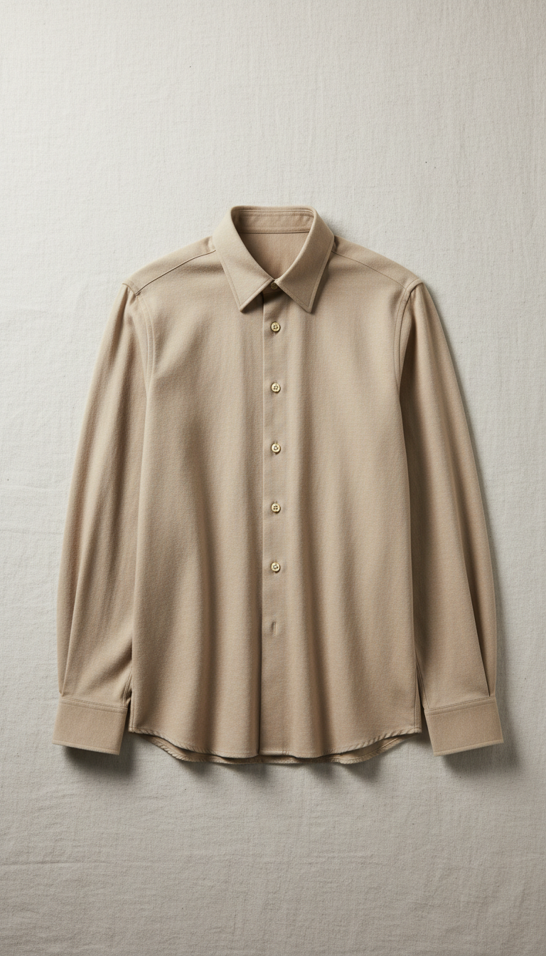 Photograph a Beige cotton blend shirt with tailored fit, centered perfectly on a neutral backdrop with subtle texture. The...