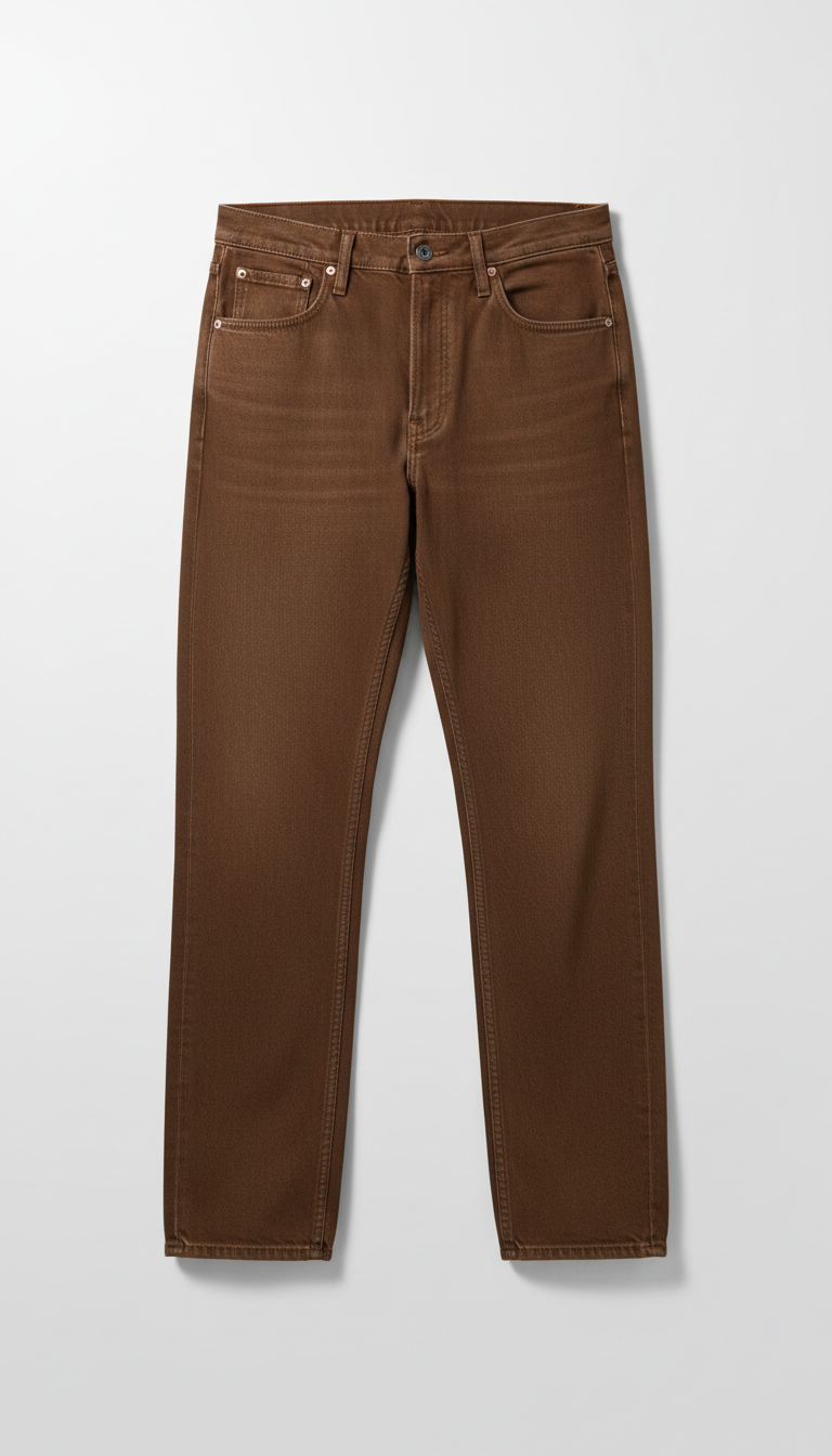 A perfectly centered, straight-on product shot of a pair of relaxed fit denim jeans laid flat on a Light Grey background....