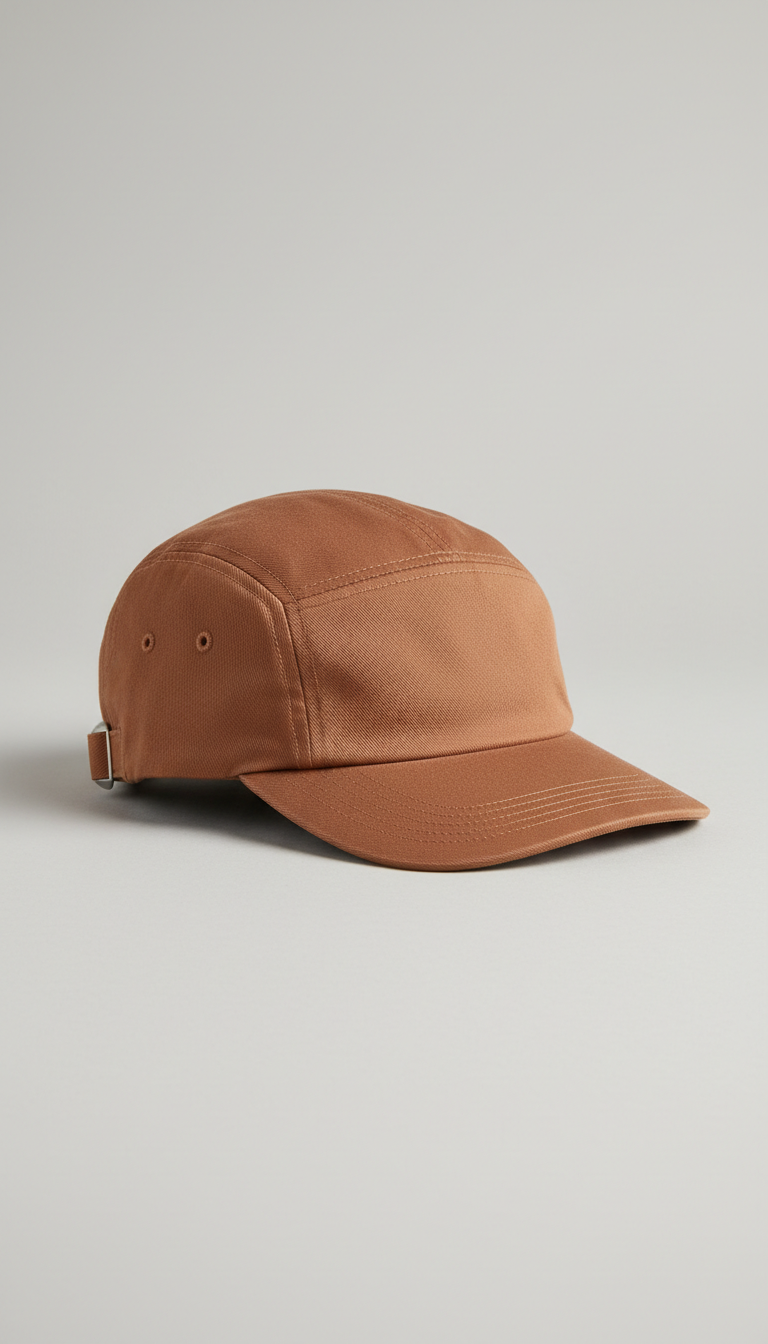 A sienna brown 5 panel cap is centered, shot from a 3/4 angle against a neutral light gray background. The image is...