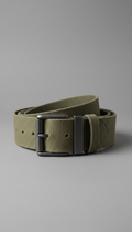 A portrait shot of a canvas belt designed for adventure, centered against a Stone Gray backdrop. The product is...