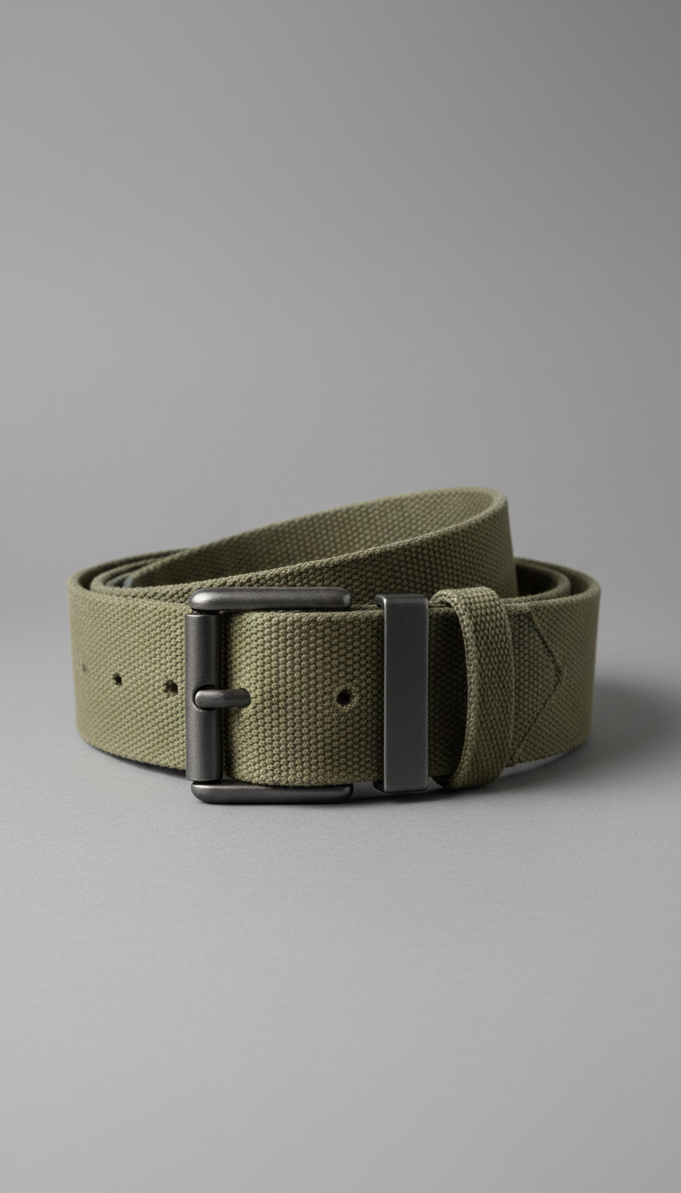 A portrait shot of a canvas belt designed for adventure, centered against a Stone Gray backdrop. The product is...